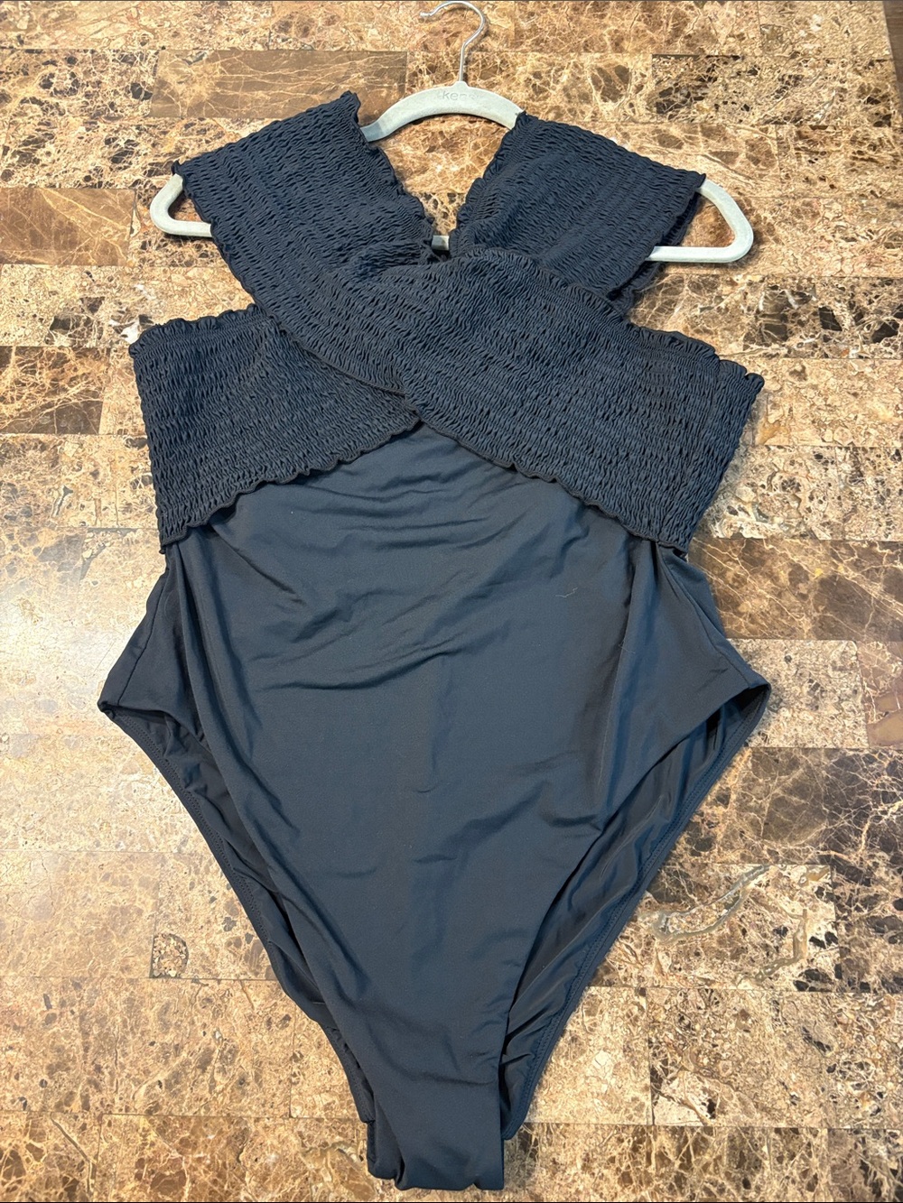 Anthropologie Black Smocked Crossback One-Piece Swimsuit